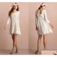 A-line sukienki ślubne mini krótki kwadratowy dekolt długie rękawy sukienki bez pleców zastosowane koronkowe suknie ślubne plaż