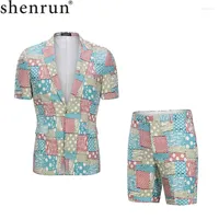 Herenpakken Shenrun Men Pakken Zomer korte mouw jasbroek 2 stuks mode slanke fit casual Hawaii strand searde katoen