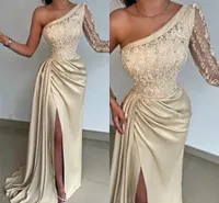 Champgne Split Evening Dresses Sexy One One -Counter Beads healques Mermaid Prom Dresses Women Orgen