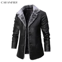 Men's Jackets CARANFIER Men's PU Leather Jacket Male Winter Thick Long Style Fleece Coats Turn-down Collar Fur Lined Single Breasted Overcoat 230210