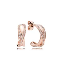 18K Rose Gold Hook Stud أقراط مع صندوق أصلي لـ Pandora 925 Sterling Silver Wedding Party Jewelry for Women Girlfriend Gift Gift Set
