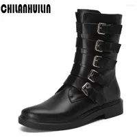 Boots Full Leather Black Bota Mujer High Quality Cow Buckle Female Shoes Thick Sole Ankle Bottes Woman Chaussure Femme