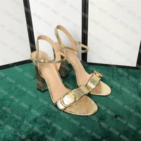Golden Laminated Leather Sandals Designer Middle Heel Womens Slides 7.5cm 10cm G High Heels Sandal Buckle Strap Gladiator Party Dress Shoes