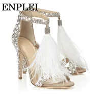 Slippers XPAY Sexy Sandal Pumps Summer Zipper Feather High Heel Apricot Wedding Shoes size 34 43 230210