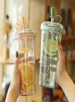 Wasserflaschen 520 ml Glitzerflasche Doppelschicht Becher mit Stroh für Mädchen Bubble Tea Tasse Getränkeiche und Leckdosen 2211228003548