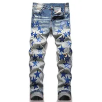 Heren jeans blauwe lederen sterren patchwork homme slanke elastische bedelaarbroek moda hombre rechte erkek kot pantolon 230211