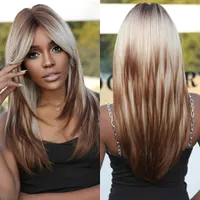 Sentetik peruklar kahverengi vurgular Siyah kadınlar için katmanlı sarışın uzun doğal düz balayage peruk saça dayanıklı 230210