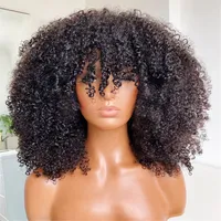 Mongolian Afro Kinky Curly Human Hair Wigs with Bangs Short Brazilian Remy Human Hair Machine Made Wigs for Black Women Glueless Natural black 1b