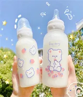 귀여운 만화 딸기 곰 유리 유리 젖꼭지 물병 짚 컵 성인 어린이를위한 우유 프로스트 병 아기 먹이 병 2205266526