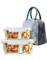 Microwavable Glass Lunch Box med Dividerlidbag Meal Prep Glass Food Storage Containers med 2 fack Lunch Container C124707064124