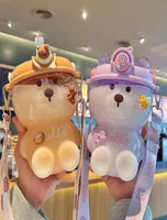 Water Bottles 1000ml Kawaii Bear Plastic Bottle For Kids Girls Straw Portable Strap Large Cup With Sport Drinking5124326