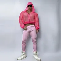 ارتداء مرحلة ملهى ليلي عرض DJ Gogo Pole Costme Costume Pink Mesh Mesh Wooded Jacket مرنة السراويل النحيفة