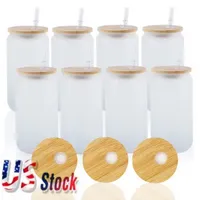 2 Tage Lieferung 16oz Sublimation Glass Bier Tassen mit Bambusdeckel Stroh Stroh Bumbler DIY Blanks Frosted Clear Can Cups Heiztransfer Cocktail Iced Coffee Whisky