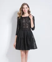 Casual Dresses H80S90 Dress Women Luxury Party Vestido Square Collar Half Sleeve broderad paljettpärl Pearl Tunic Hollow Out Lace
