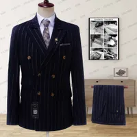 Men's Suits Blazers SILIWEYA 2023 Dark Blue Stripe Men Double Breasted Blazer Latest Coat Pant Designs Slim Fit 2 Piece Tuxedos Custom Made 230213