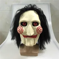 Movie Saw Chainsaw Massacre Jigsaw Puppet Masks with Wig Hair Latex Creepy Halloween Horror Scary mask Unisex Party Cosplay Prop Q2823
