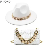 Wide Brim Hats Bucket Hats Women Oversized Chain Accessory Bag And Fedoras Hat 2-piece Sets Fashion Luxury Party Wedding Jazz Hat 230211