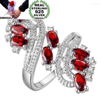 Klusterringar omhxzj grossist europeisk mode kvinna tjej party bröllop gåva lyxig vit röd zirkon 925 sterling silver ring rr127