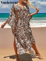 Kadın Mayo Leopar Baskısı V Boyun Tunik Plajı Örtü Örtüler Elbise Giyim plaj kıyafeti uzun kadın kadınlar v4160