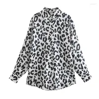 Bluzki kobiet NlZgmsj Zbza Women 2023 Leopard satynowy nadruk luz luźne vintage długie rękawowe panele żeńskie koszule Blusas Chic Top