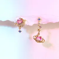 Brincos de balanço 2023 Brincho de coração da lua assimétrica para mulheres fofas de jóias estéticas de moda de zircão rosa banhadas a ouro