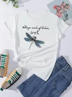 Śliczna koszulka graficzna Dragonfly, śliczna koszula na szyję z krótkim rękawem, swobodne topy, ubrania damskie