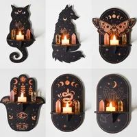 Candle Holders Cat Moth Moon Phase Carving Wood Wall Mounted Handicraft Crystal Shelf Rack Home Decoration Holder Jewelry Display Stand