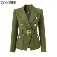 Women's Suits Spring Autumn In Outerwears 2023 Vintage Belt Army Green Blazer Mujer Luxury Designer Clothing Gold Button Slim Jacket