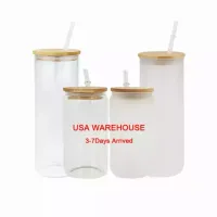 USA Local STOCK 16oz Sublimation Glass Blanks With Bamboo Lid Frosted Beer Can Borosilicate Tumbler Mason Jar Cups Mug With Plastic Straw