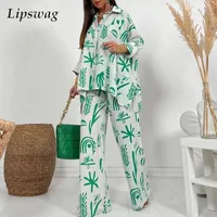 Womens Two Piece Pants Spring Lapel Long Sleeve Shirt And Wide Leg Suits Casual Graphic Print Loose Set Women Irregular Shirts Outfits 230214