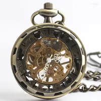 Pocket Uhren antike Vintage Herren Bronze Skleton Mechanische Uhr Hand Wind mit 37 cm Kette Relogio Bolso #92722