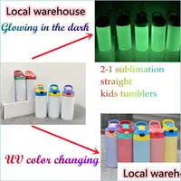 Tumblers Local Warehouse 12Oz Sublimation Straight Kids Uv Color Changing Glowing In Dark 2In1 Glossy Tumbler Blanks Cup Stainless S Dhhed