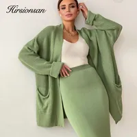 Two Piece Dress Hirsionsan Soft Vintage Lace Up Women Suits 2 Pieces Female Sets with Belt V Neck Cardigan Midi Ladies Knitted TrackSuit 230214