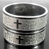 50pcs Etch Lord&#039;s Prayer For I know the plans Jeremiah 2911 English Bible Cross Stainless Steel Rings Whole Fashion Jewelry Lot239L