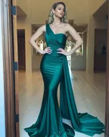 Emerald Green Prom -kl￤nningar Long Mermaid Pleat Satin One Shoulder Robe de Soiree Evening Gown Party Dres