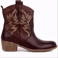 Buty haftowe botas mejr skórzane kowbojskie kostki buty dla kobiet klinowe buty na wysokim obcasie druk Western Cowgirl Boots Botas de Mujer 230216