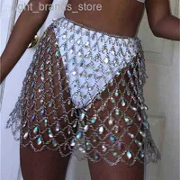 Kjolar kvinnor strass gnistrande kroppskedja sexig bikini täckning för rave beach dance club colorful blå guld magdans kjol 0217v23