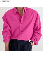 남자 캐주얼 셔츠 incerun 남자 셔츠 셔츠 단색 옷깃 긴 슬리브 스트리트웨어 2023 패션 의류 버튼 한국 레저 브랜드
