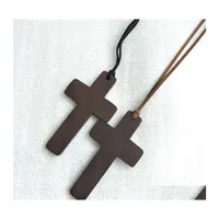 Pendant Necklaces Wooden Necklace Cross Korean Style Vintage Jewelry Simple And Leather Rope Charm Wedding Women Sweater Drop Delive Dhz42