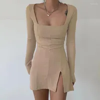 Casual Dresses Weekeep Sexy Side Split Square Collar Long Sleeve Spring Dress Women Sticked BodyCon Party Clubwear Mini 2023