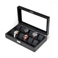 Oglądaj pudełka Znakomite pudełko ze skóry z włókna węglowego może pomieścić 12 zegarków Drewniana kolekcja wyświetlacza