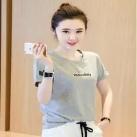 Женская футболка модная дама мода причинная хлопковая футболка с коротким рукавом режим стиля классический хлопок2653