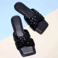 Slippers Sandlia plana com tecido transversal novo de vero feminino sandlia de dedo aberto cor slida moda casual de rua casa