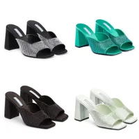 Crystal slippers mule women&#039;s slide high-heeled shoes Sandals Rhinestone silk 95mm thick heel slip sleeve open-toe luxury designer Party Dress shoe shoes Slippers