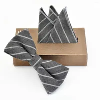 Bow Ties Men&#039;S Necktie Pocket Handkerchief British Plaid Gray Stripe Casual Suit Cotton Tie