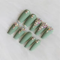 24pcs latest candy long ballet handmade crystal diamond Matte fake nails sexy green284d