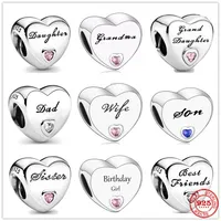 925 Sterling Silver Dangle Charm Wife Sisters friends Dad Love Heart Bead Fit Pandora Charms Bracelet DIY Jewelry Accessories288I