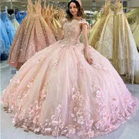 Sweet 16 Pink Quinceanera kleidet sich von der Schulter 3d Blumenapplikation Mädchen Ballkleid -Festzugskleider formelles Brautkleid