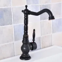 Kitchen Faucets Black Oil Rubbed Brass Carved Single Handle One Hole Bathroom Basin Sink Faucet Mixer Tap Swivel Spout Msf624