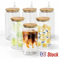 2 Days Delivery US Warehouse 16oz Sublimation Glass Beer Mugs with Bamboo Lids And Straw Blanks Frosted Clear Mason Can Tumblers Cocktail Iced Coffee Soda Cups 0221